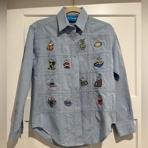 Ol’ Paint - Vintage Jean Fabric Button Up with Embroidered Coffee Cups - Size S